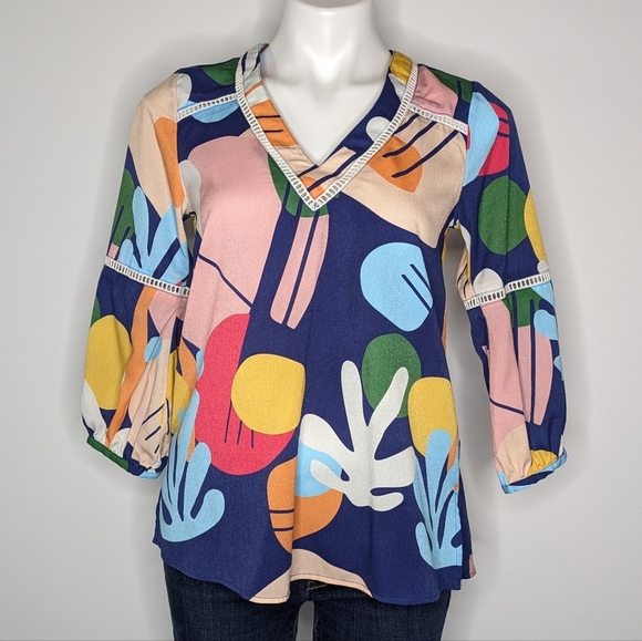 Crosby By Mollie Burch Jannie Colorful Abstract V Neck Tunic Top XS - Picture 1 of 8